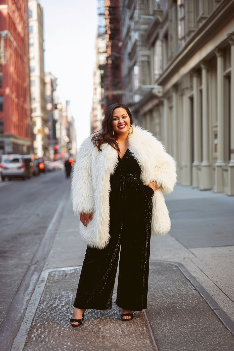 Glam Velvet Jumpsuit with White Faux Fur Coat
