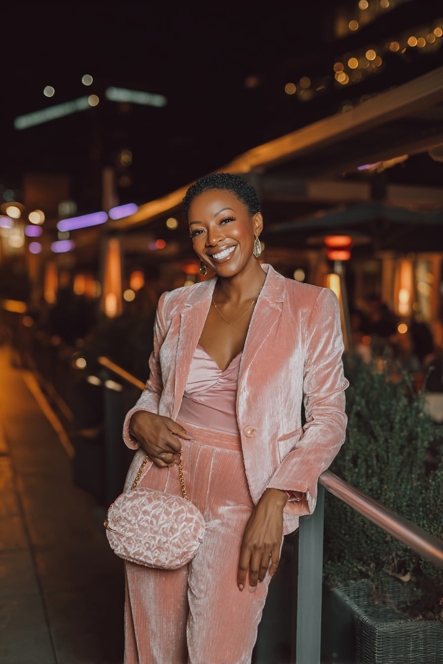 Pink Velvet Suit with Chic Neckline