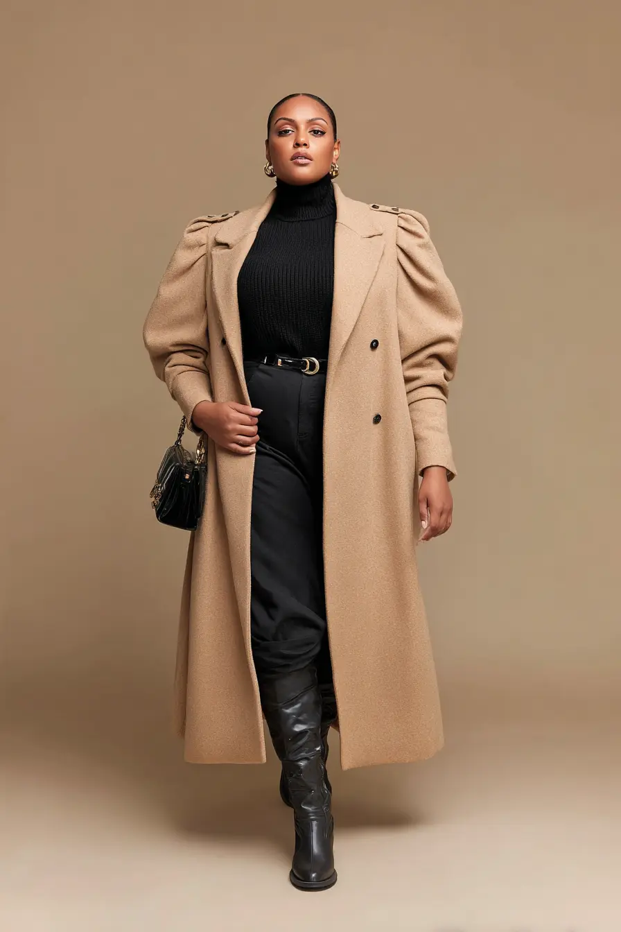 Camel Power Coat + Ribbed Turtleneck Layering