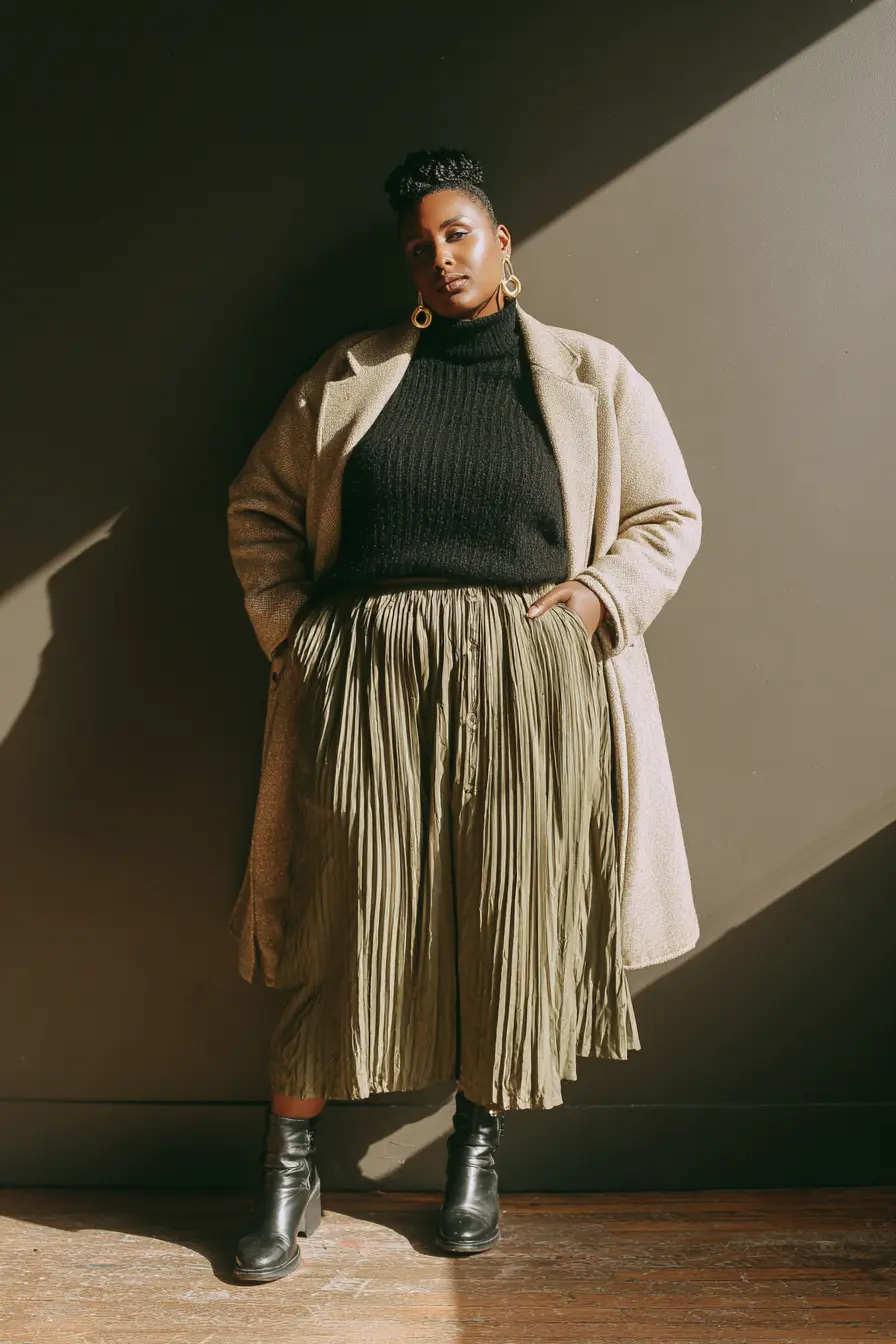 Structured Coat + Forest-Green Pleated Skirt