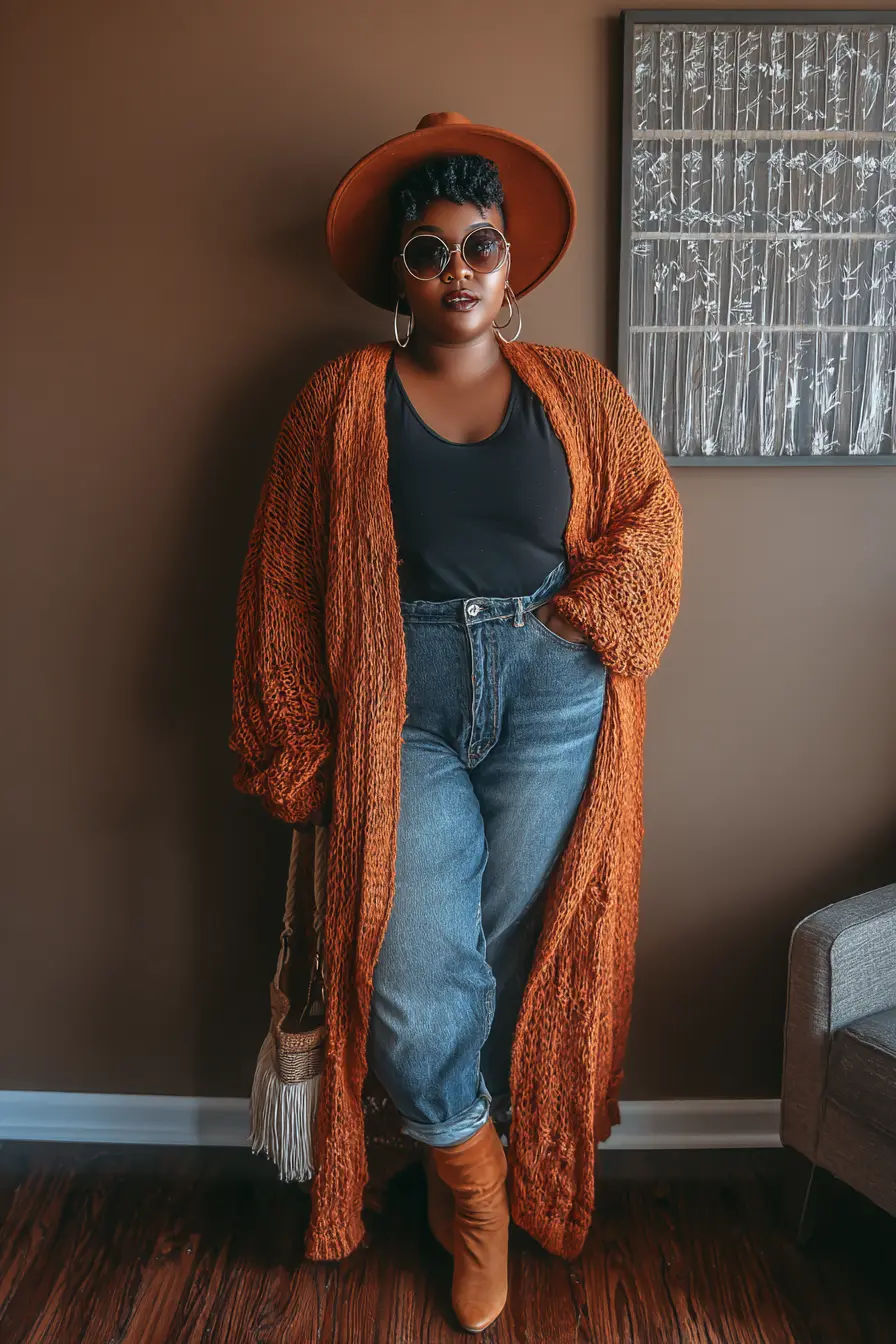 Rust Cardigan + Relaxed Denim Layering