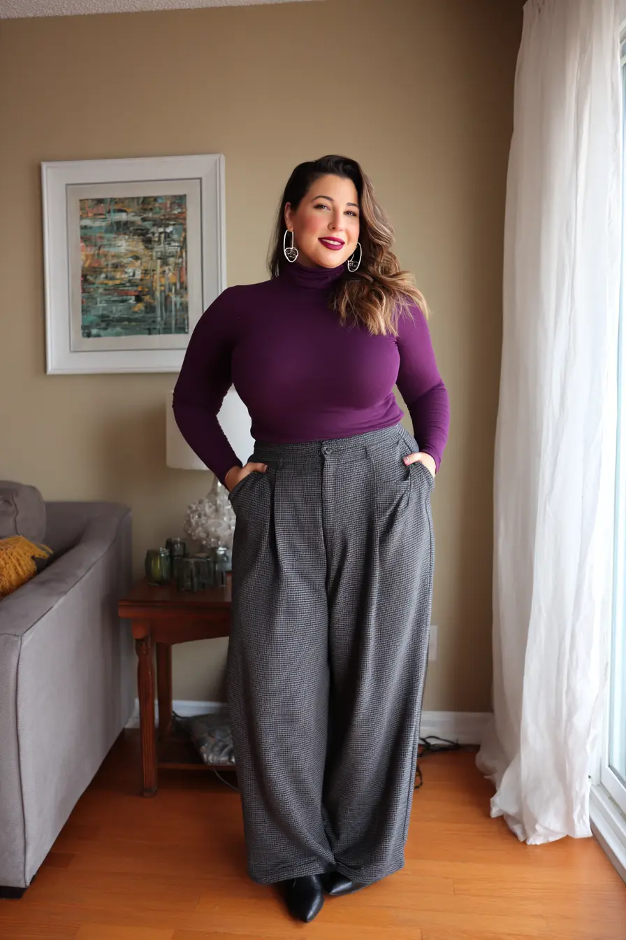 Fitted Turtleneck + Checked Wide-Leg Trousers