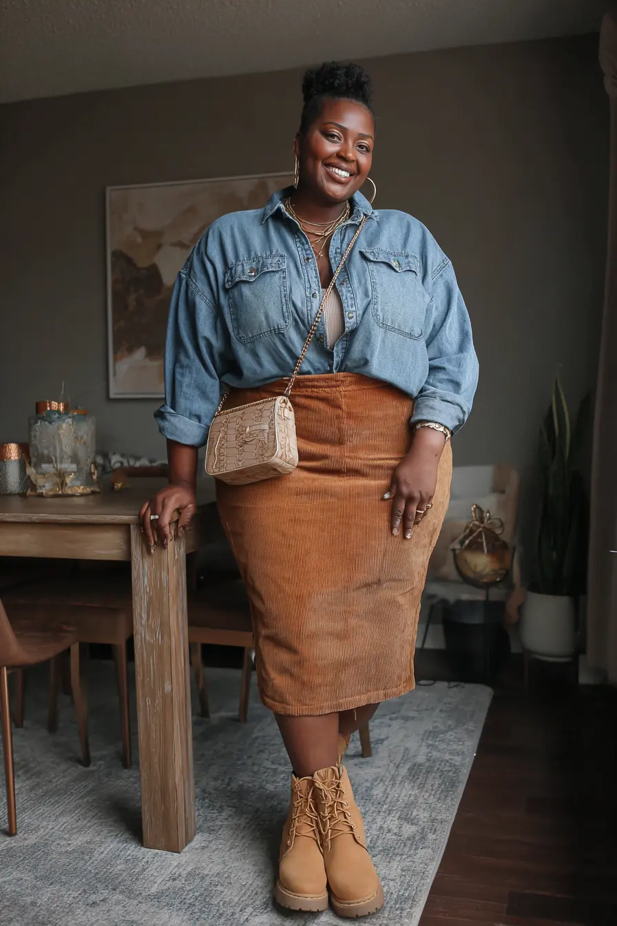 Oversized Denim Shirt + Corduroy Pencil Skirt