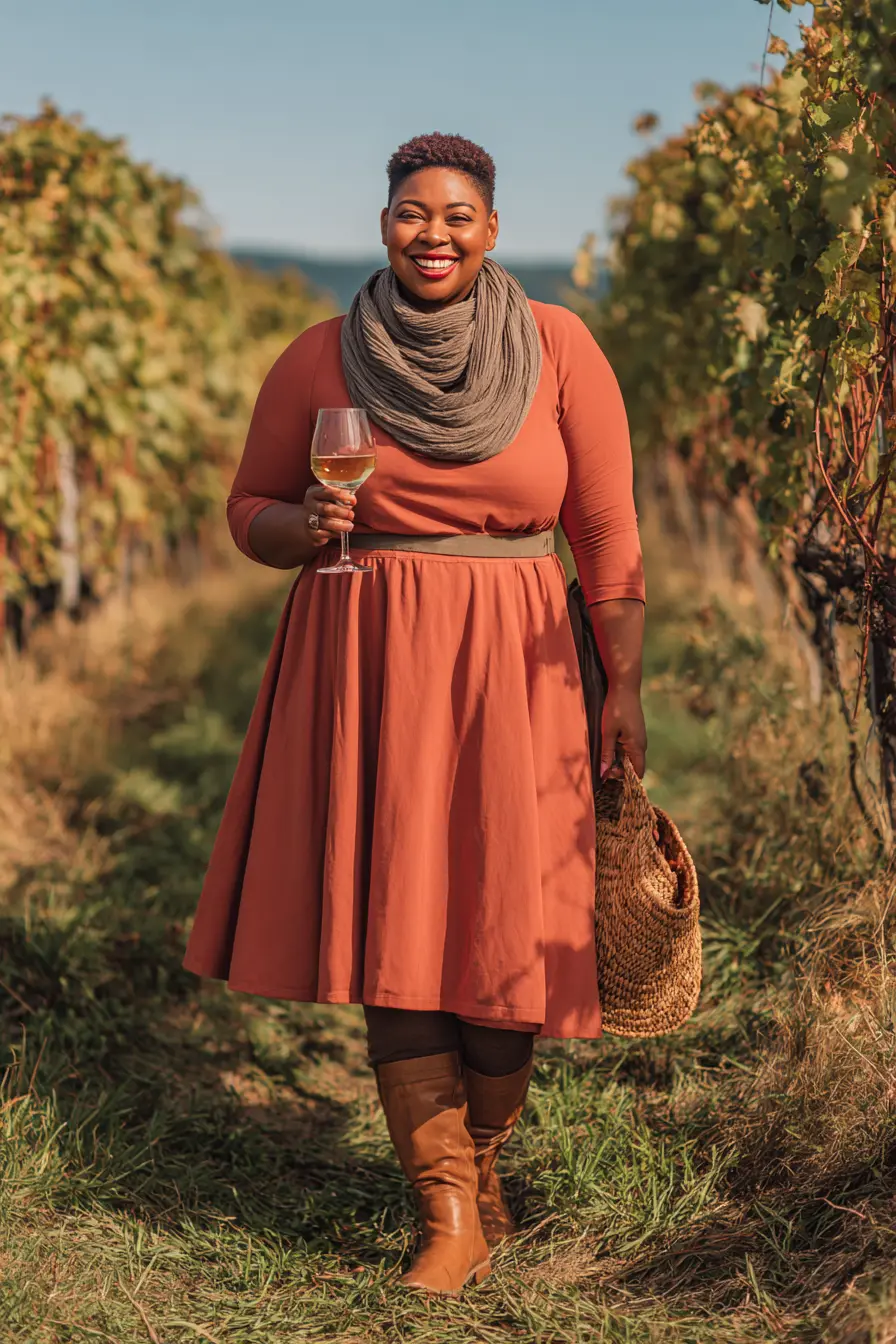 Rust Midi Dress + Infinity Scarf