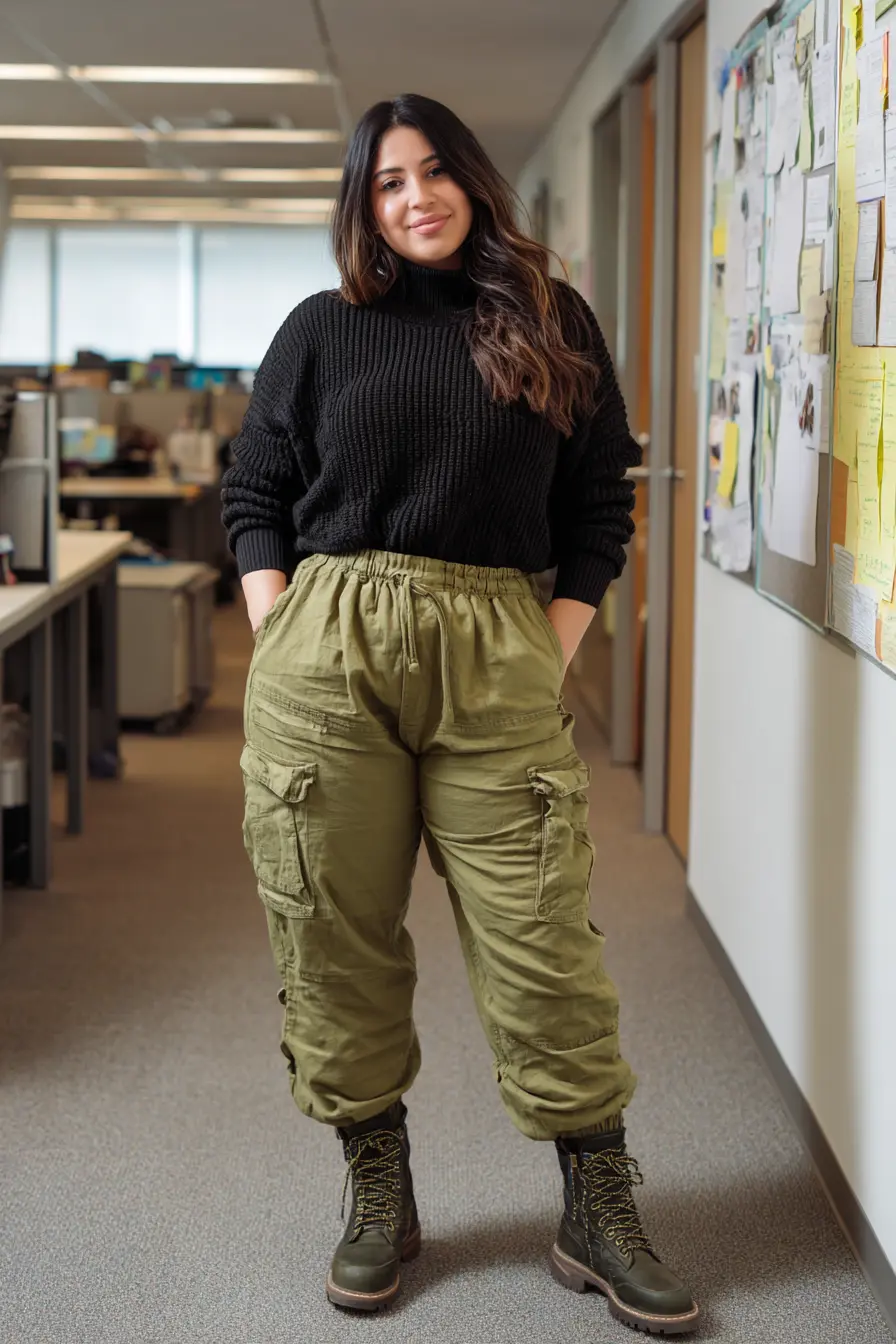 Black Knit Sweater + Olive Cargo Pants