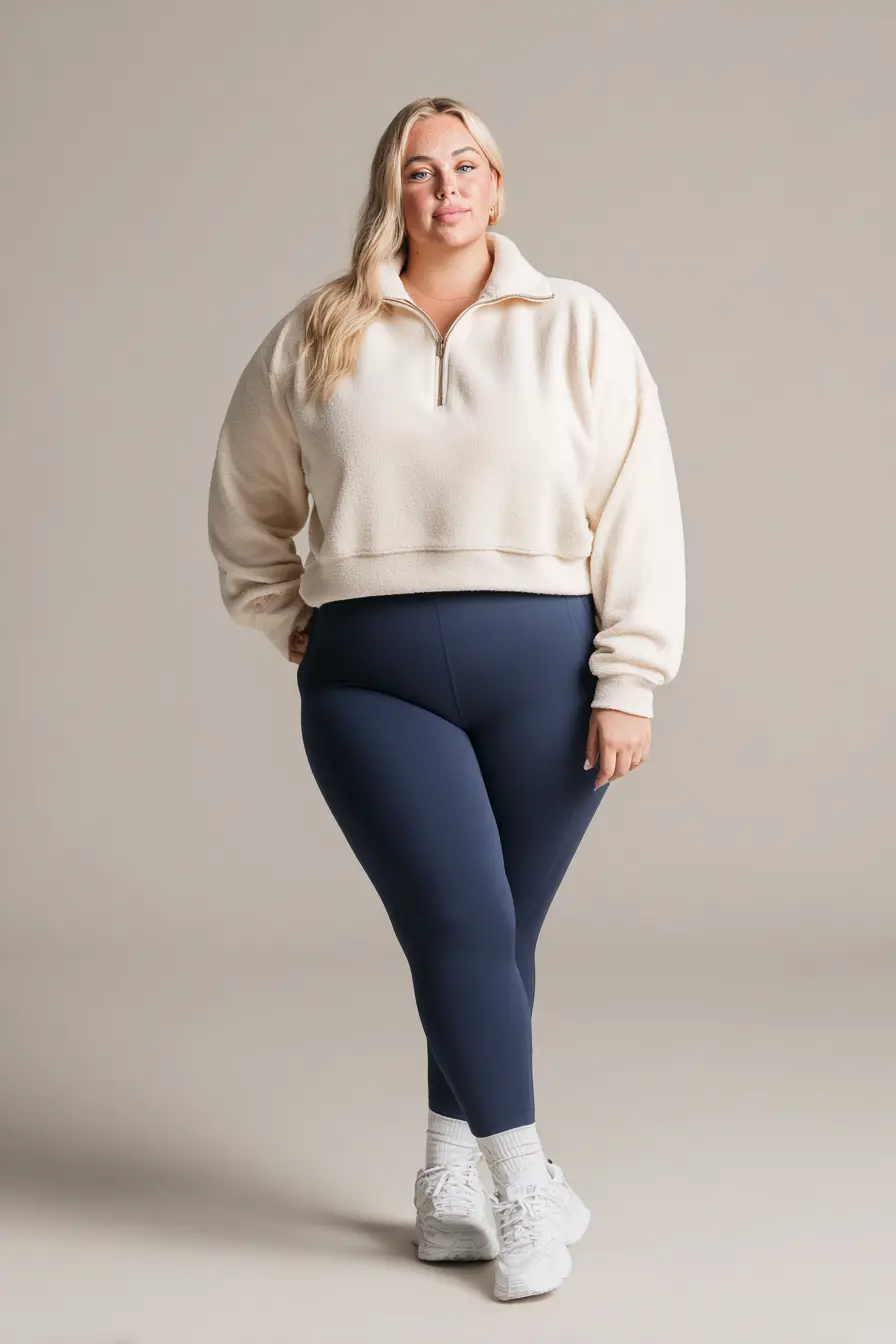 Cream Fleece Quarter-Zip + Navy Performance Leggings