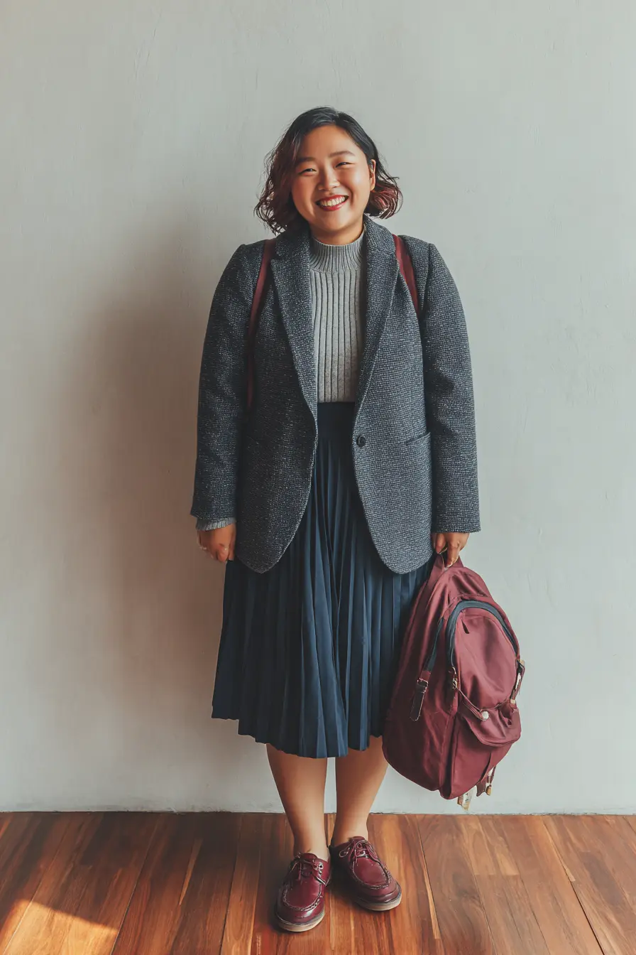 Tweed Blazer + Navy Pleated Skirt