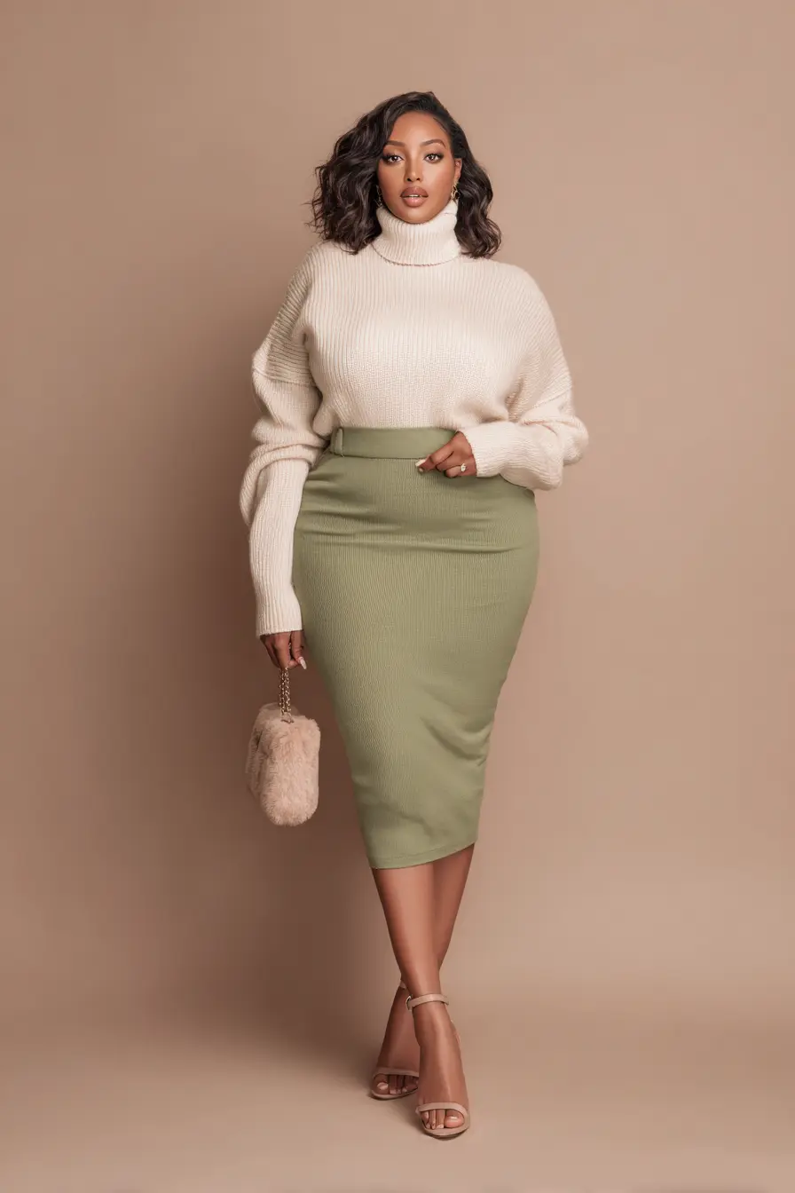 Cozy Turtleneck Sweater + Soft Midi Pencil Skirt