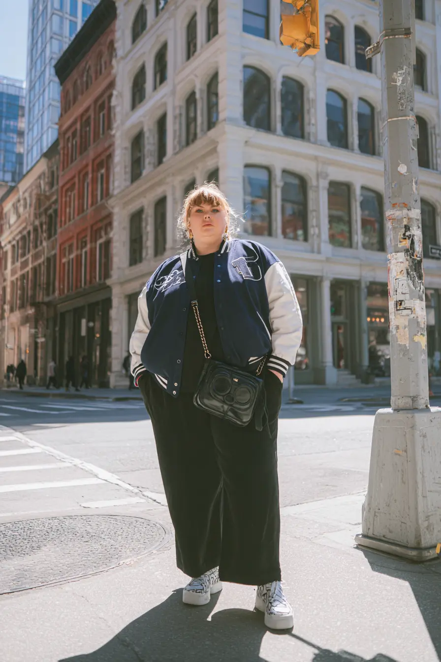 Varsity Jacket + Wide-Leg Pants + Platform Sneakers