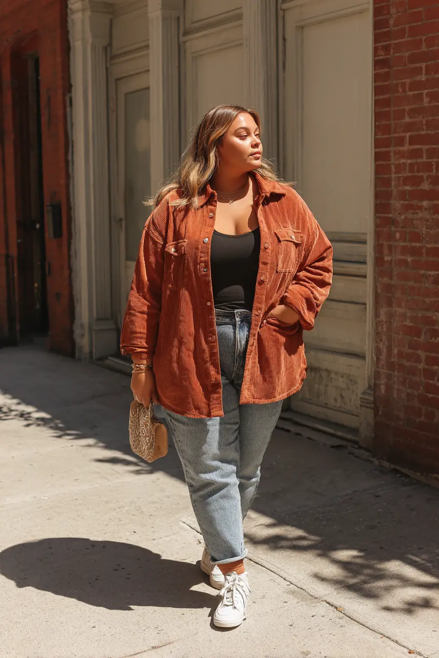 Corduroy Shacket Layering + Relaxed Denim