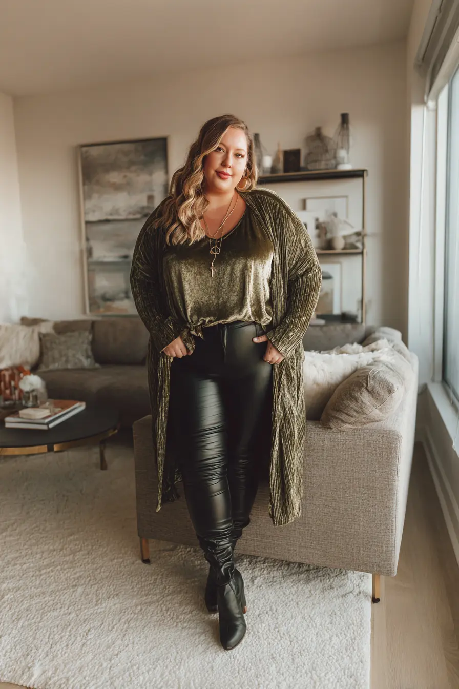 Emerald Velvet Top + Leather Leggings