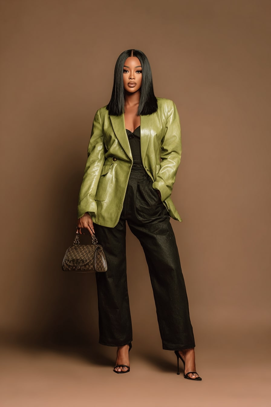 Chic Green Leather Blazer with Black Wide-Leg Style