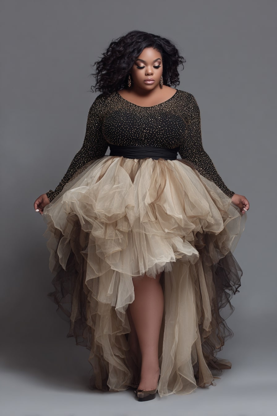 Black and Gold Ruffled Tulle Gown