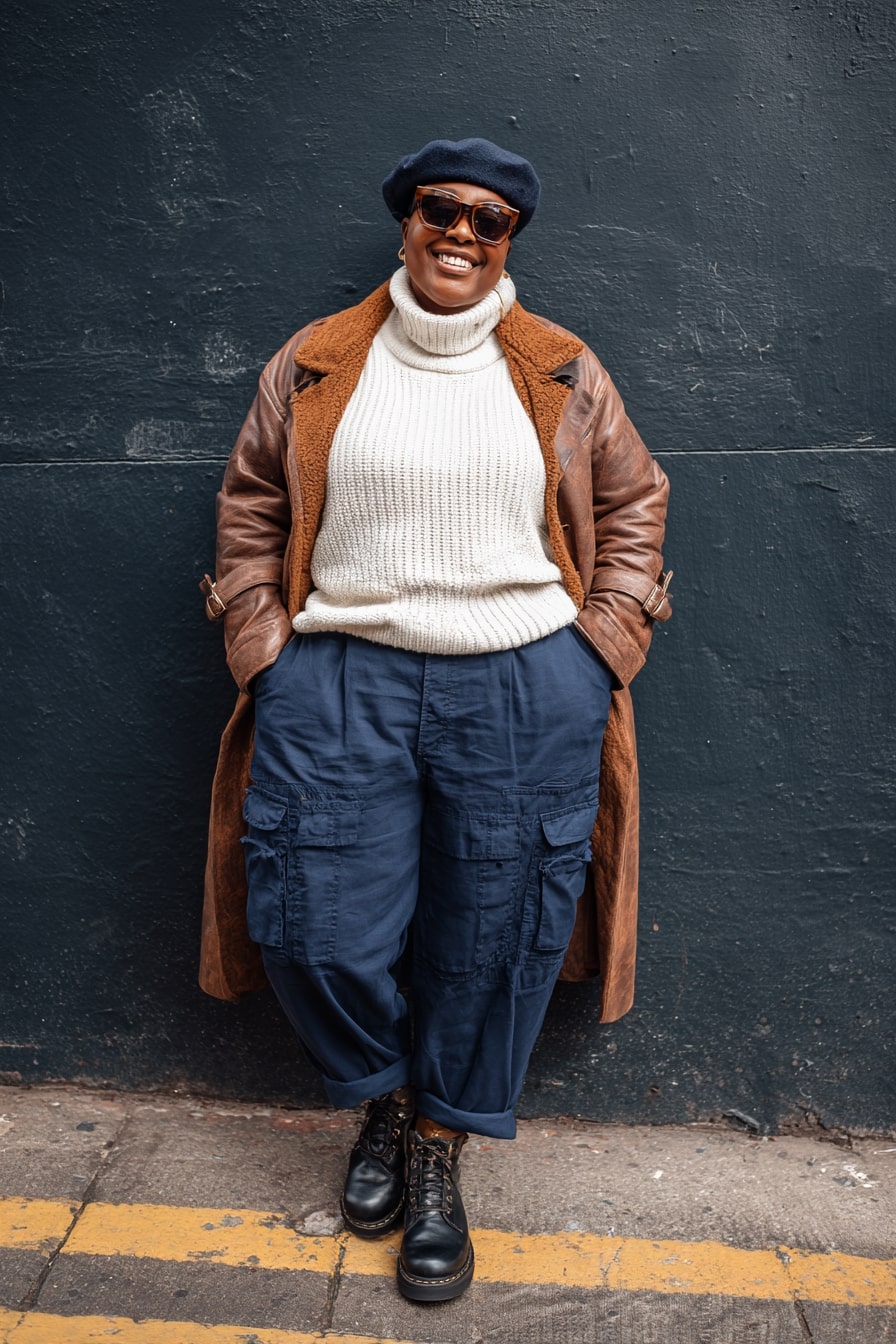 Cargo Pants with Shearling Coat and Turtleneck