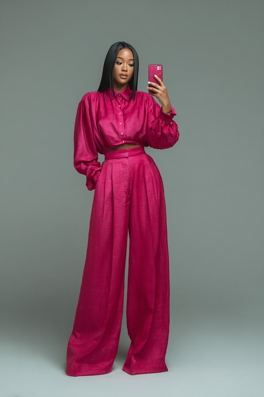 Bold Magenta Wide-Leg Set with Cropped Shirt