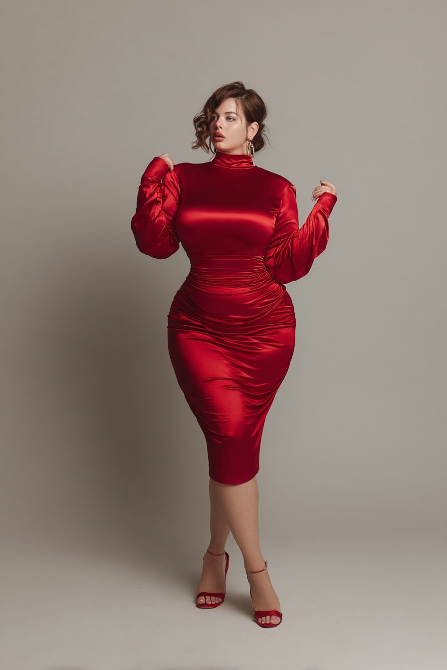 Satin Bodycon Midi Dress + High Neck Detail