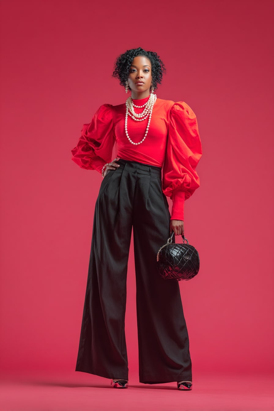 Bold Red Top and Black Pants for Valentine’s Chic