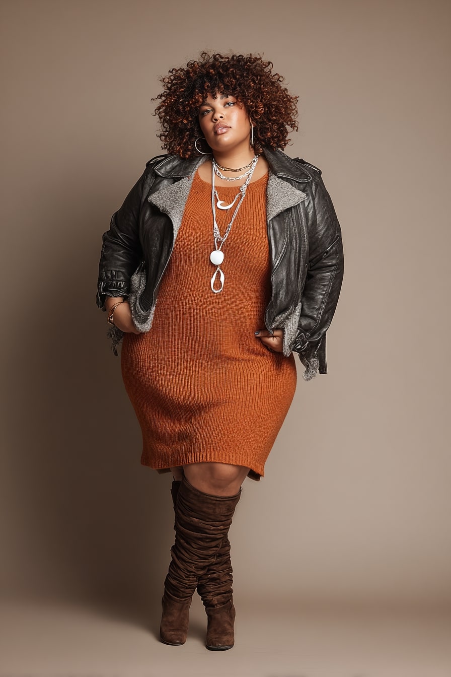 Shearling Moto Jacket + Rust Knit Dress