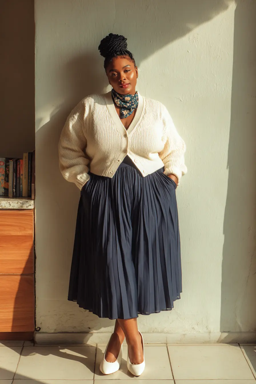 Cropped Cardigan + Pleated Midi Skirt