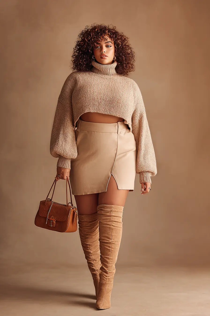 Cropped Turtleneck Knit + Camel Suede Mini Skirt