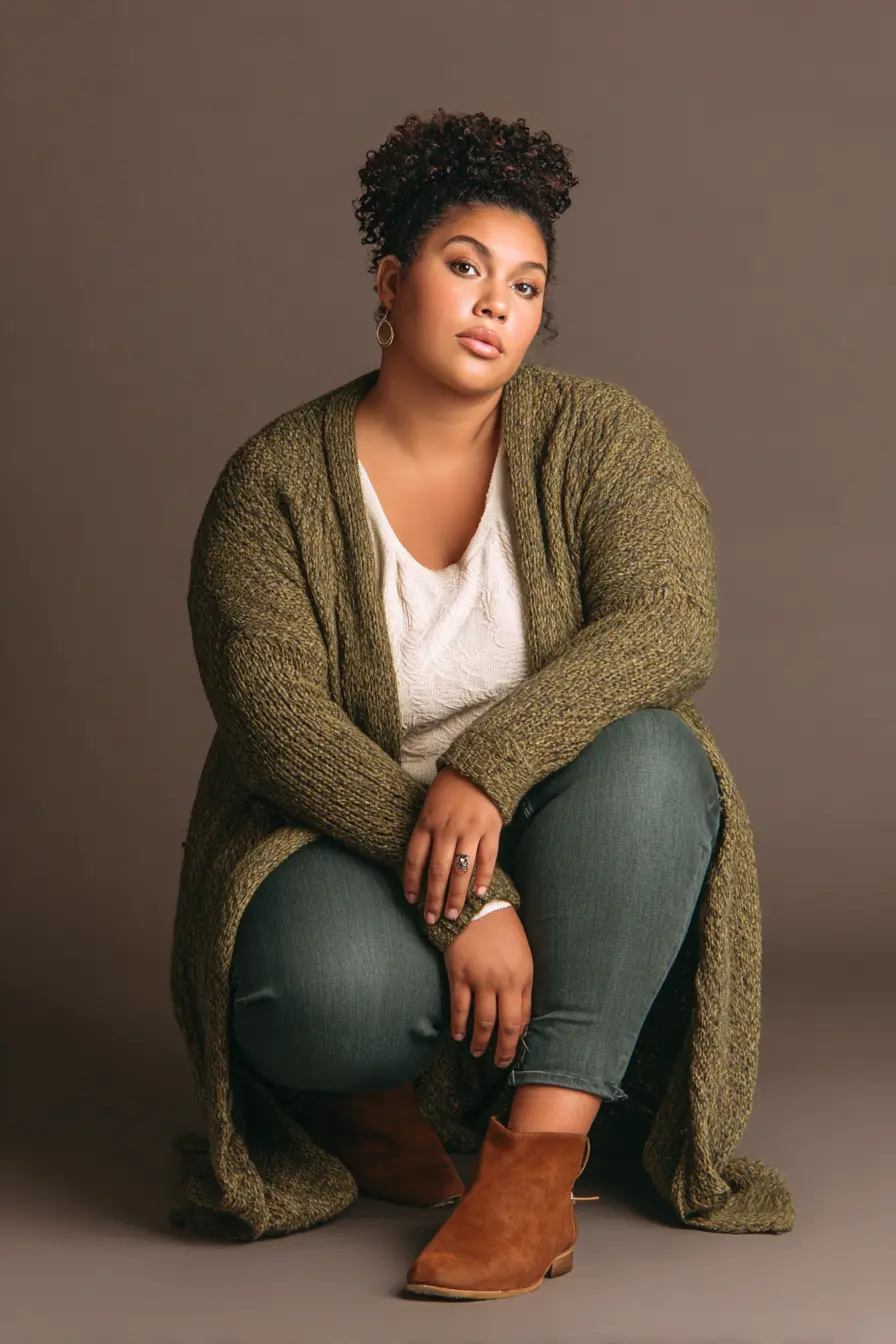 Forest-Green Knit Cardigan + Soft Denim Pairing