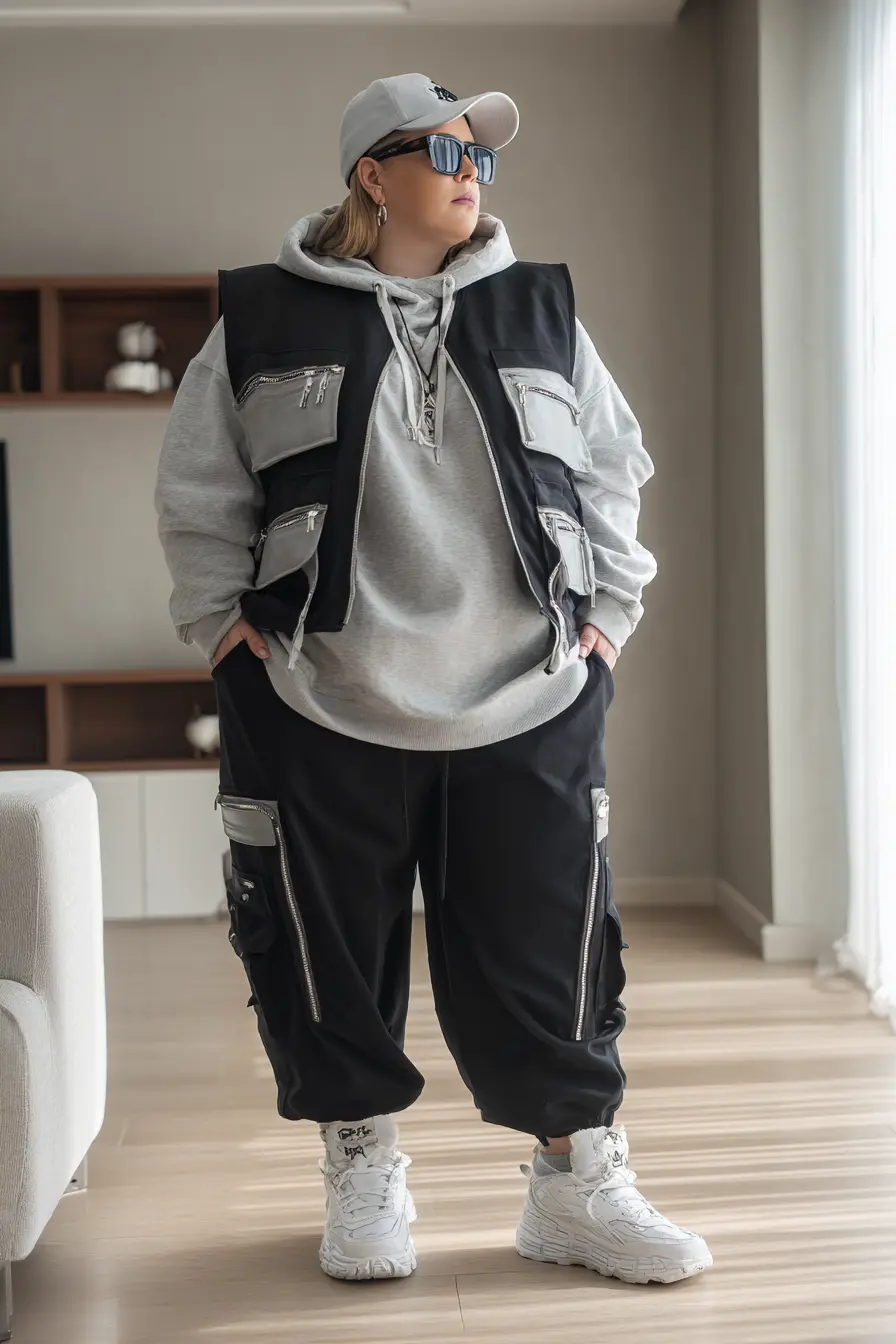 Black Utility Vest + Oversized Hoodie Street Mix