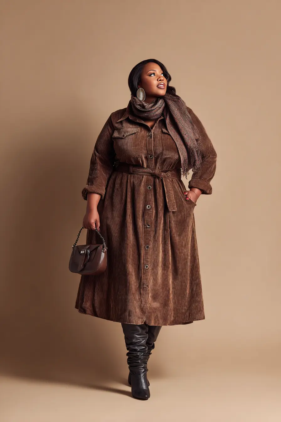 Belted Corduroy Shirt Dress + Slouchy Knee Boots