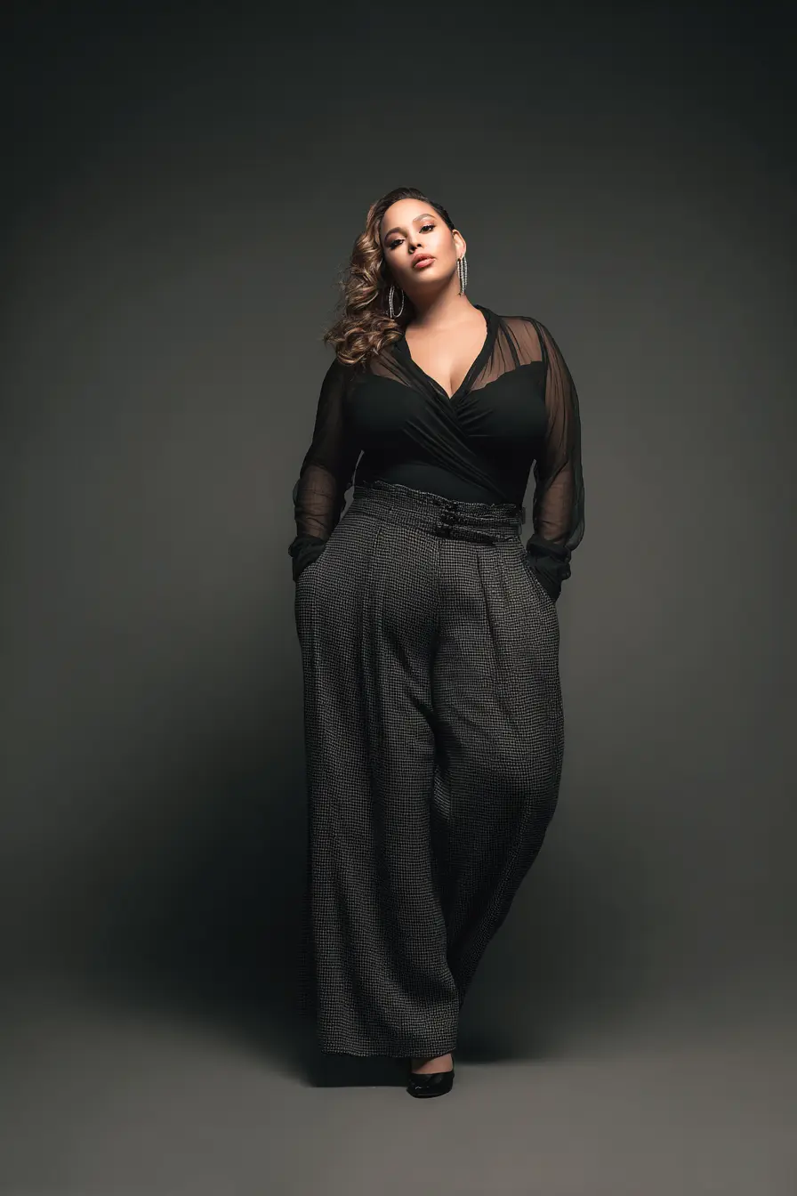 Sheer Wrap Top + Wide-Leg Trousers