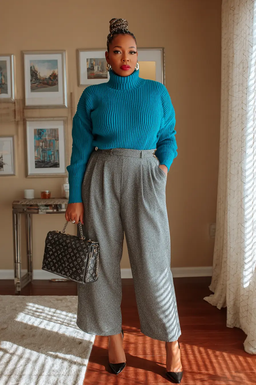 Ribbed Turtleneck Knit + Structured Wool Trousers