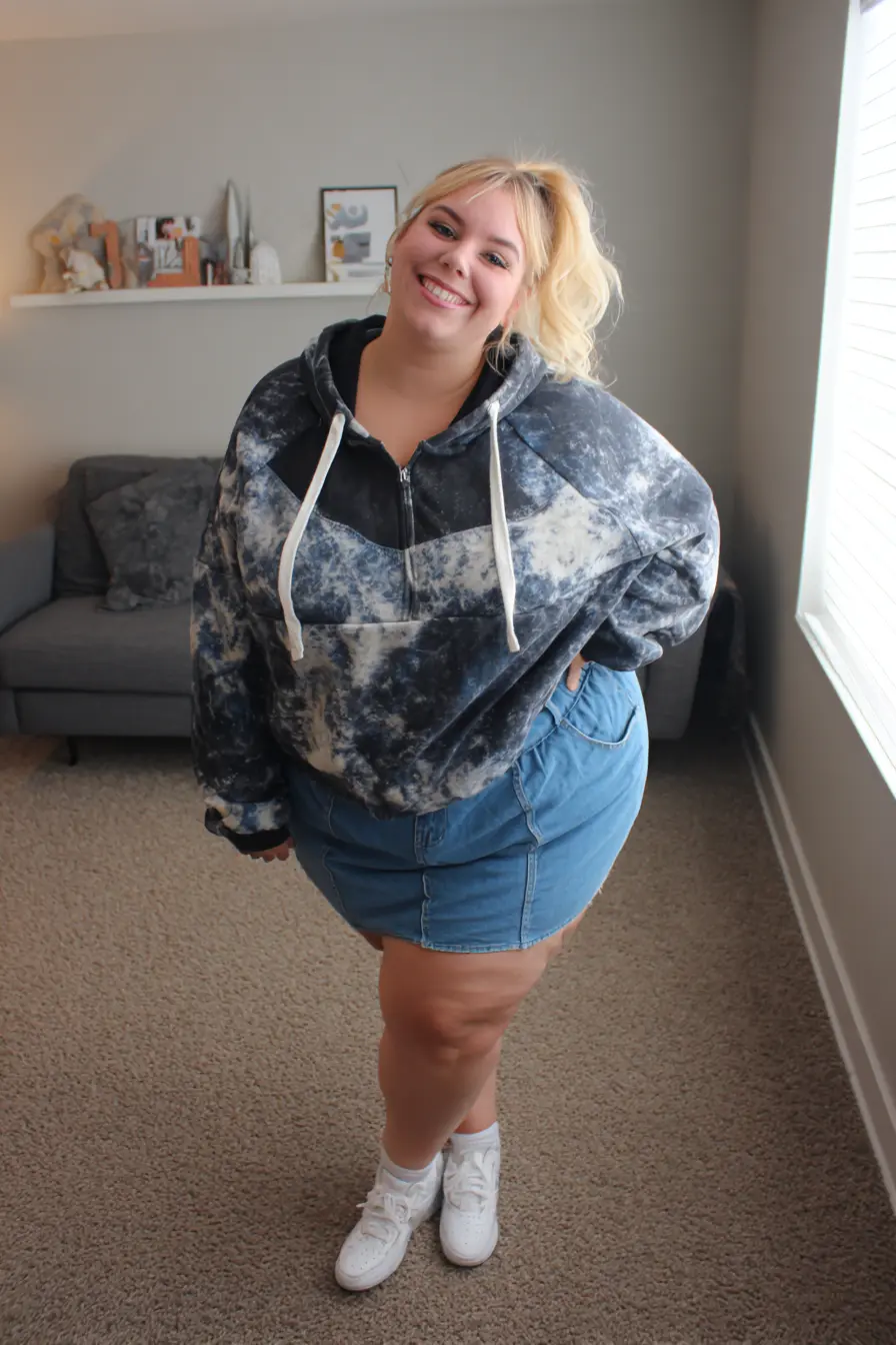 Tie-Dye Hoodie + Denim Mini Skirt