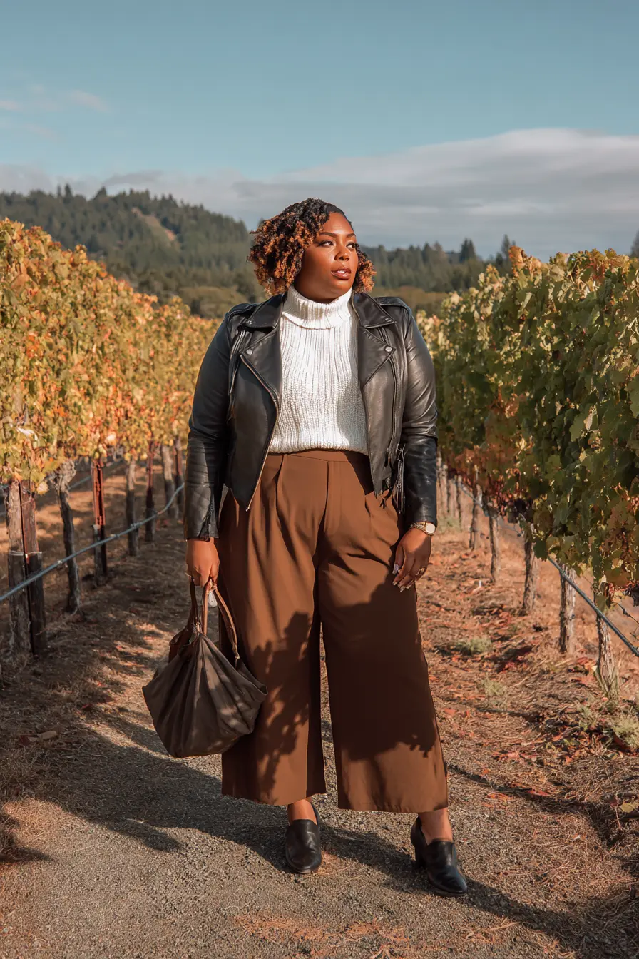 Leather Moto Jacket + Wide-Leg Trousers