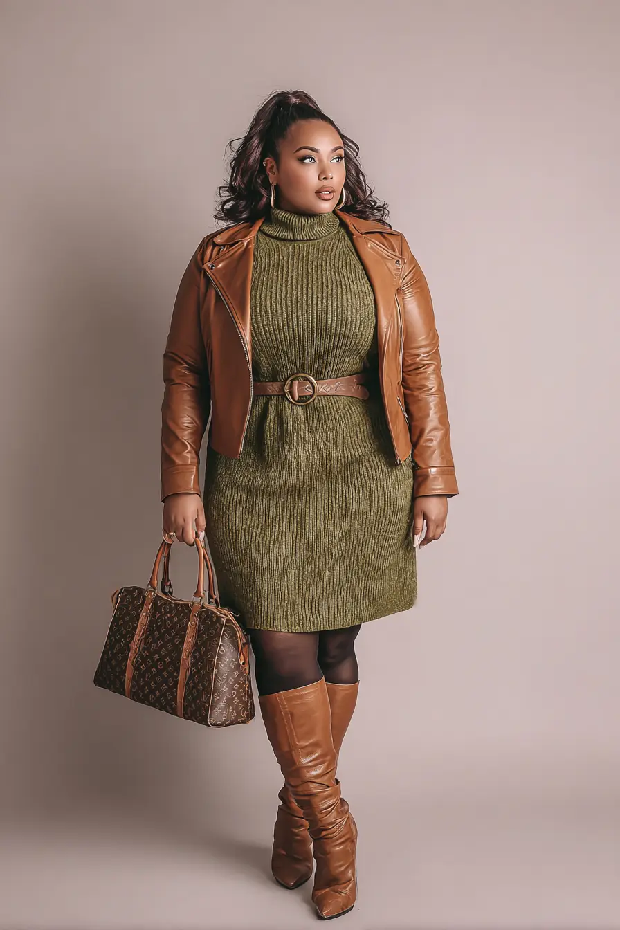 Leather Jacket + Belted Sweater Dress