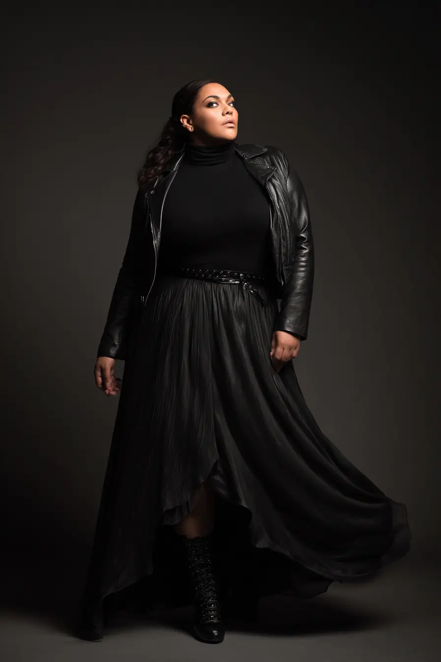 Leather Moto Jacket + Flowing High-Low Skirt