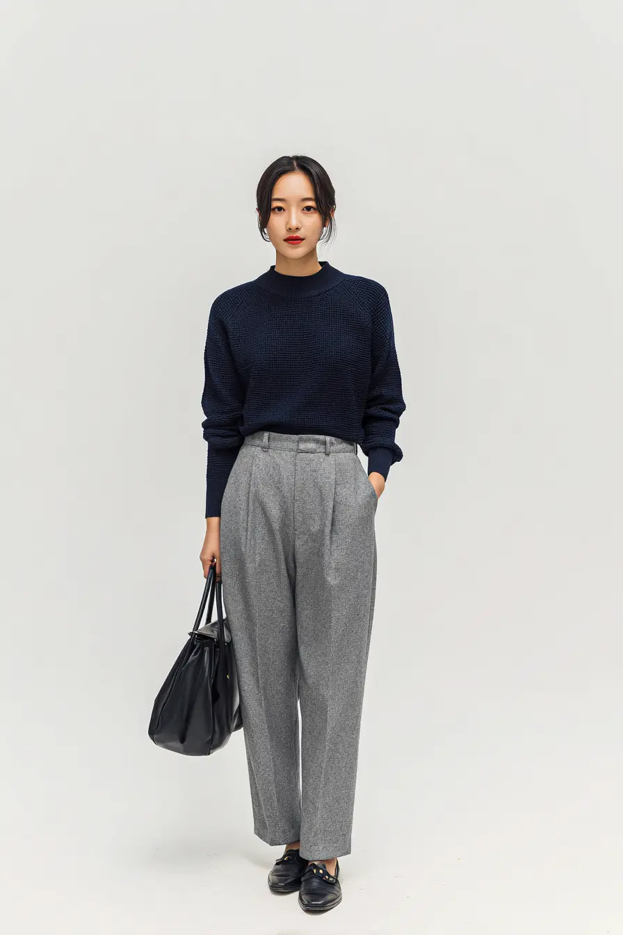 Navy Textured Knit + Gray Pleated Trousers