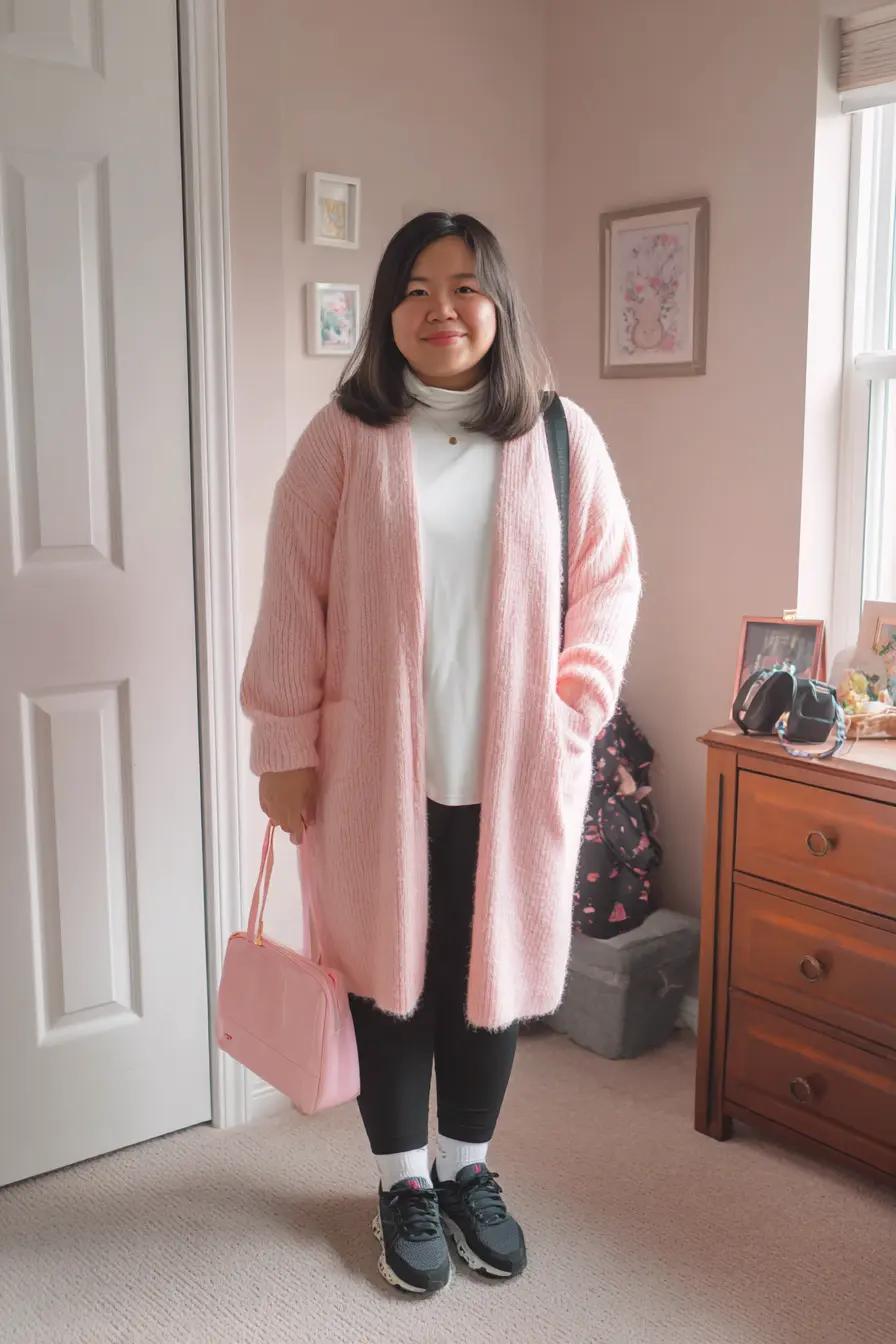 Fluffy Pink Cardigan Coat + Slim Black Pants