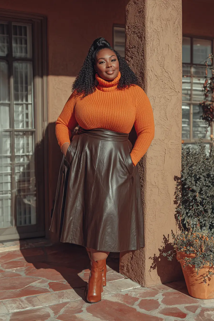 Ribbed Turtleneck + Faux Leather Midi Skirt