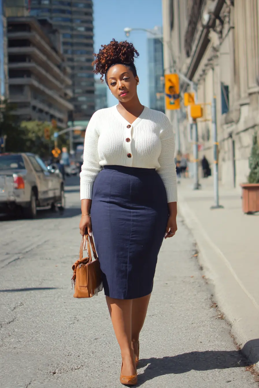 Cropped Button Cardigan + High-Waist Pencil Skirt + Classic Pumps