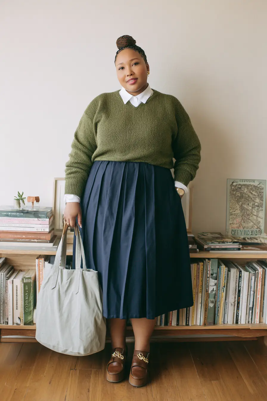 Olive Sweater + Pleated Midi Skirt