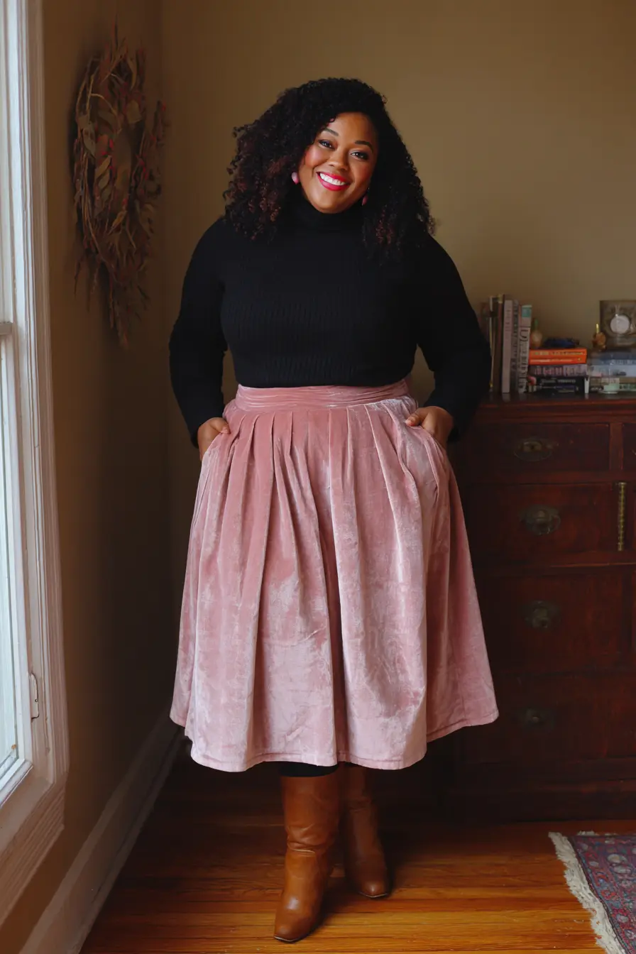 Black Turtleneck + Velvet Pleated Midi Skirt