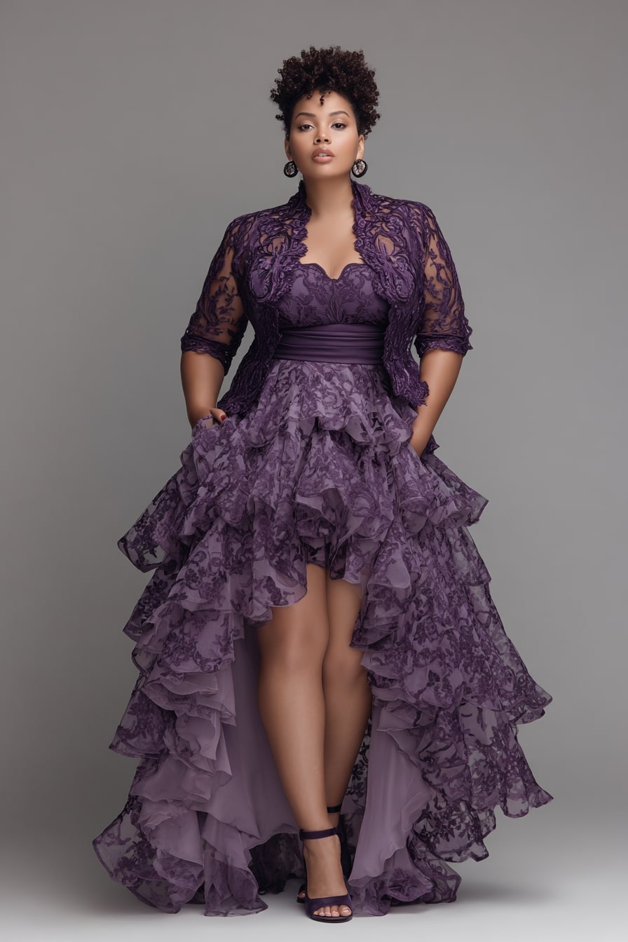 Lace Jacket + Ruffled High-Low Gown