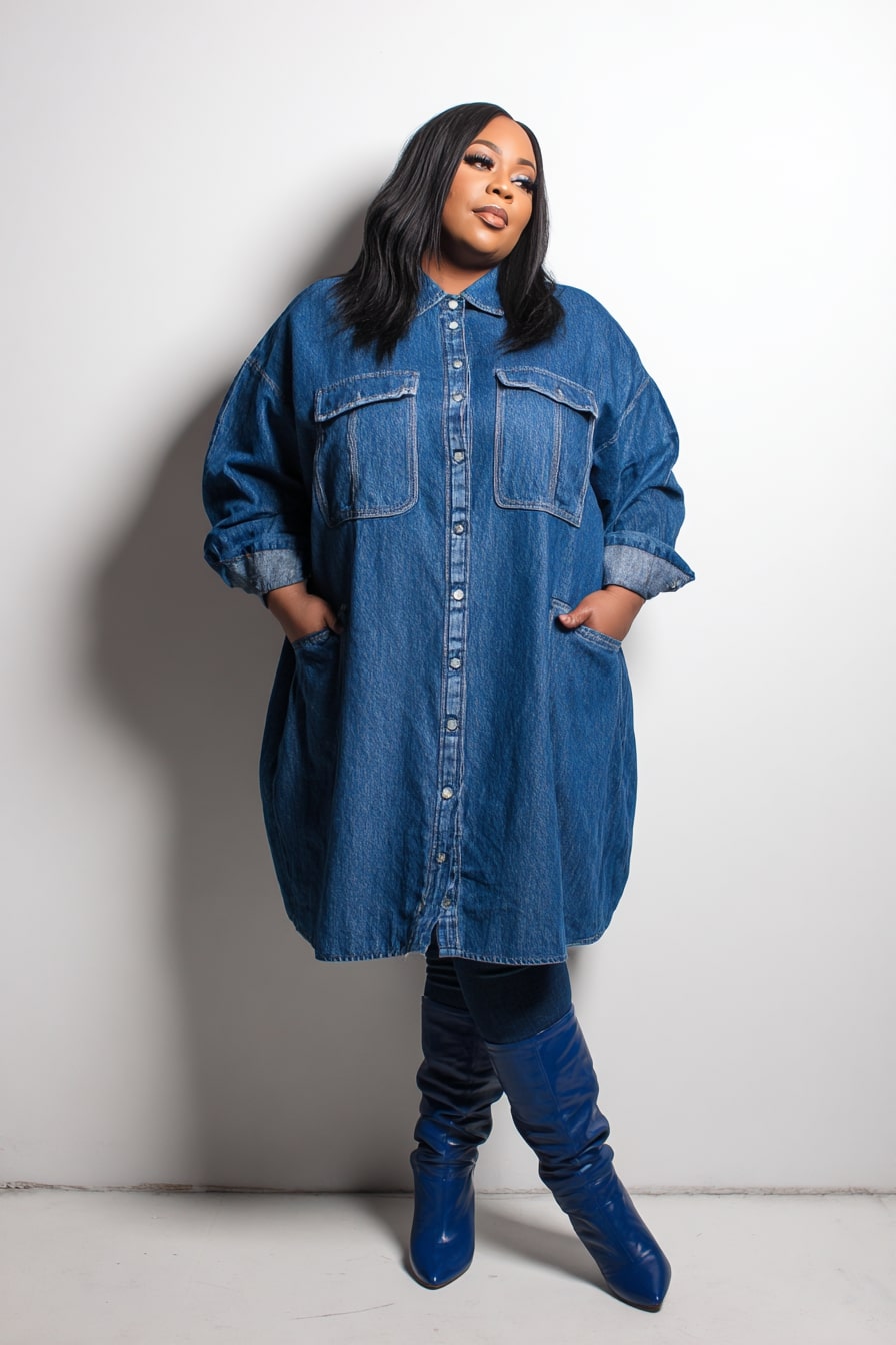 Denim Shirt Dress with Bold Blue Boots