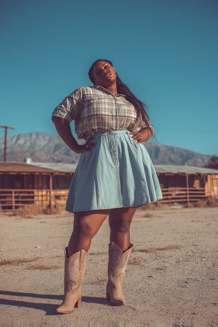 Plaid Button-Down + Light Denim Skirt