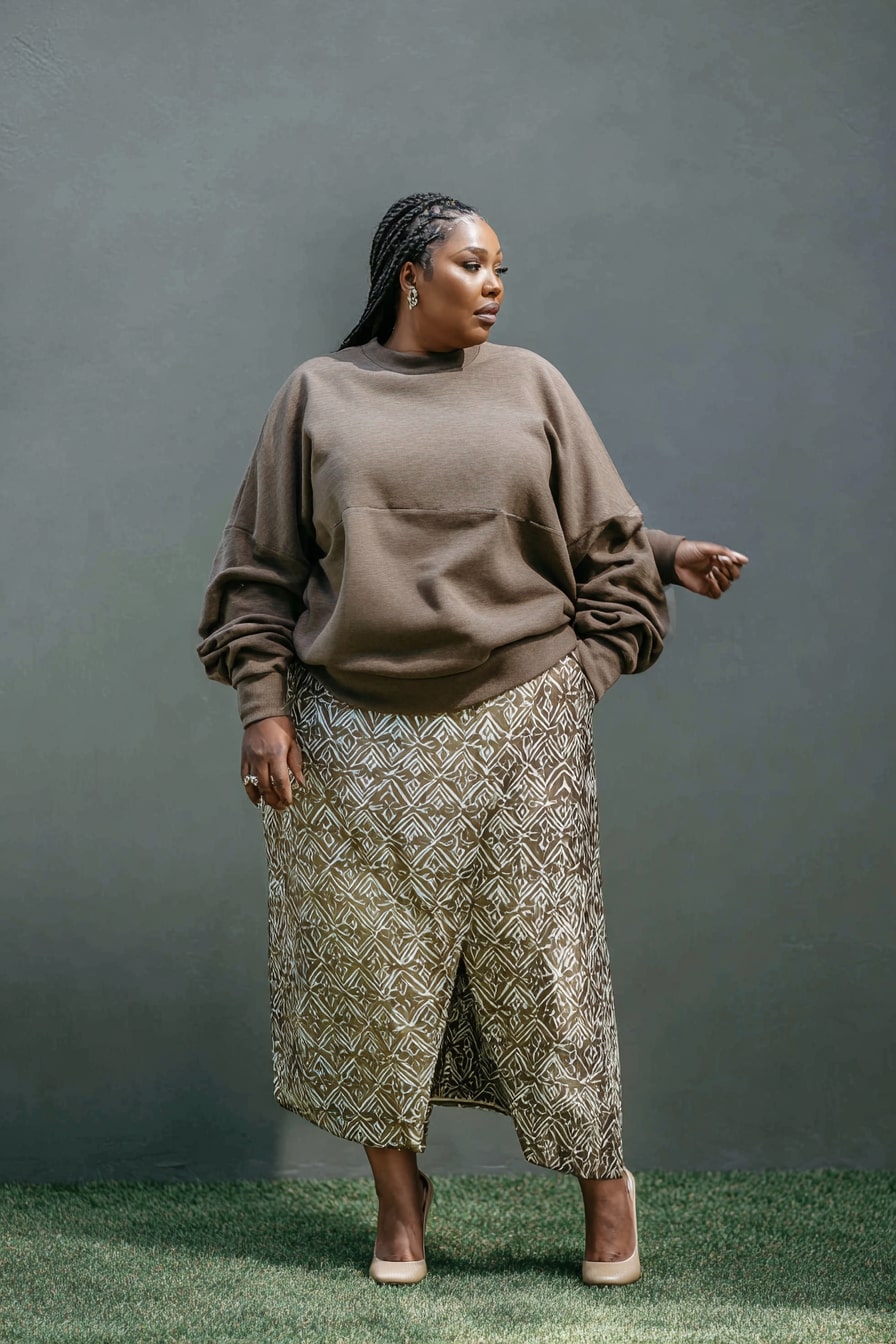 Relaxed Sweater with Patterned Midi Skirt