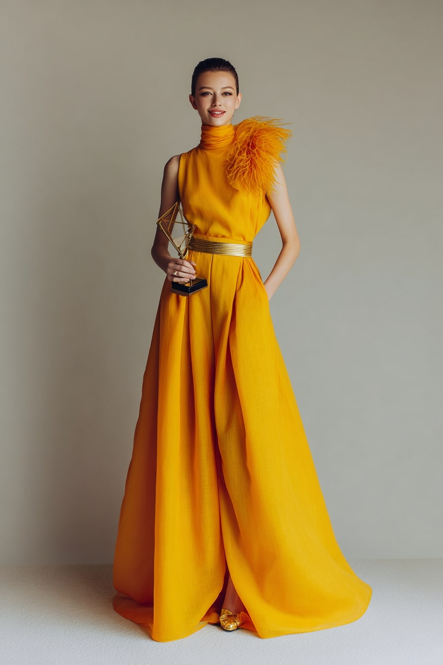 Golden Yellow Gown with Feather Accent