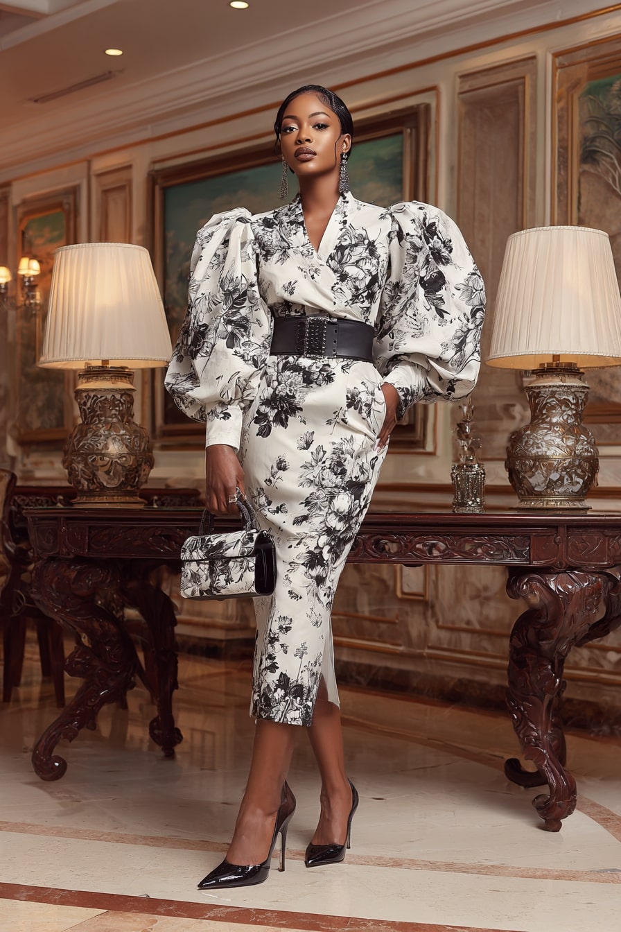 Puff-Sleeve Midi Dress + Cinched Waist Drama