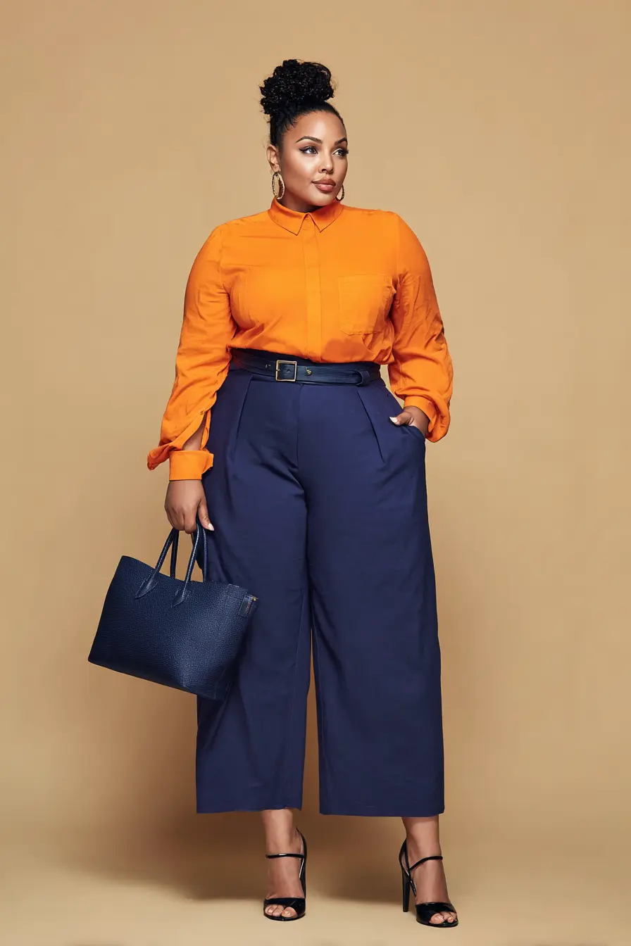 Bold Rust Blouse + Navy Wide-Leg Trousers