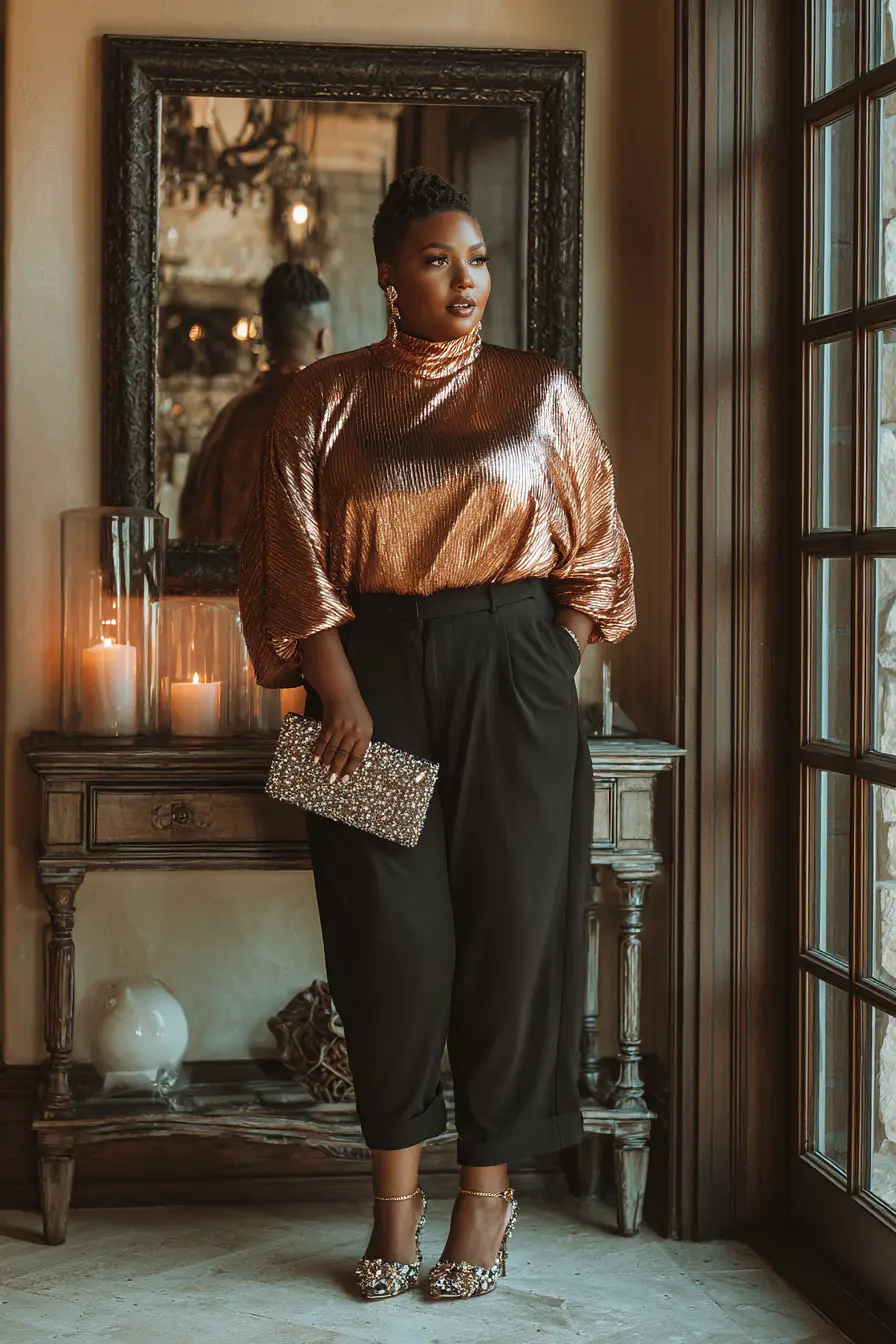 Metallic Copper Top + Black Cropped Trousers