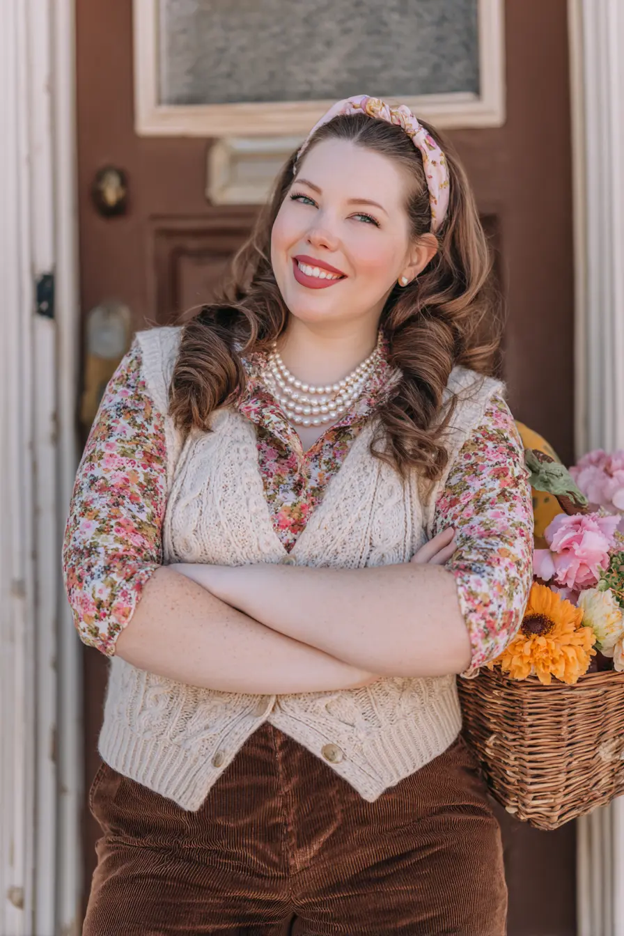 Cream Cable Knit Vest + Floral Blouse Layering