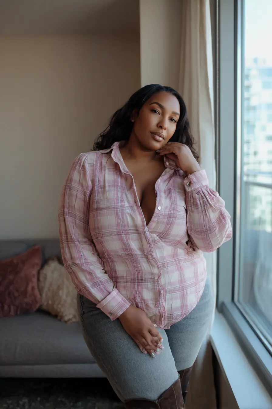 Soft Plaid Button-Up + Fitted Denim