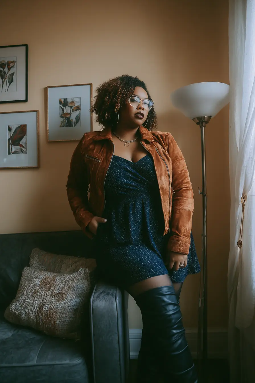 Suede Moto Jacket + Mini Dress & Over-the-Knee Boots